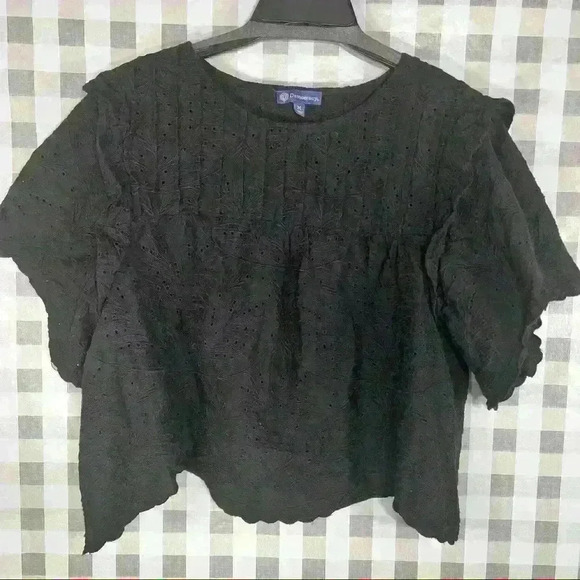 DEMOCRACY Womens Short Sleeve Round Neck Embroidered Eyelet Woven Top Black Sz M - Picture 2 of 12